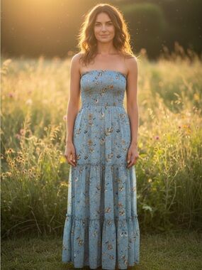 Abel The Label Strapless Blue Floral Maxi Dress